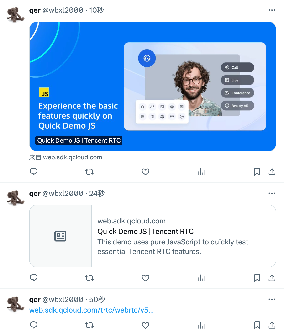 三条推文依次为:正确配置协议、未适配 Twitter、未做任何适配